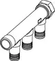 TECE Universal-Verteiler mit drei Anschlüssen, Rohrstruktur und Gewindeverbindungen, geeignet zur Verteilung von Wasser oder anderen Medien.
